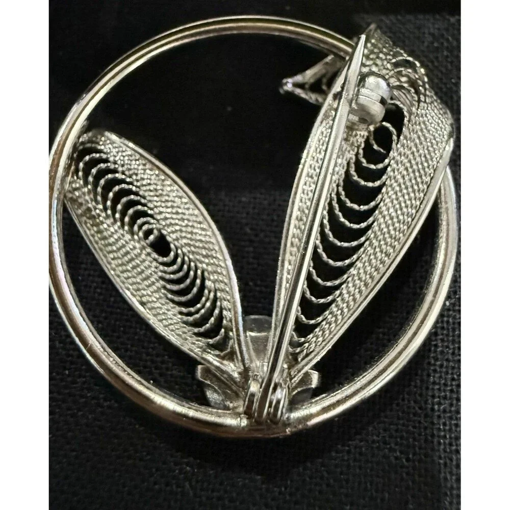Vintage Mid Century Filigree Wreath Brooch Black Stone Pin Silver Tone  1” Appro